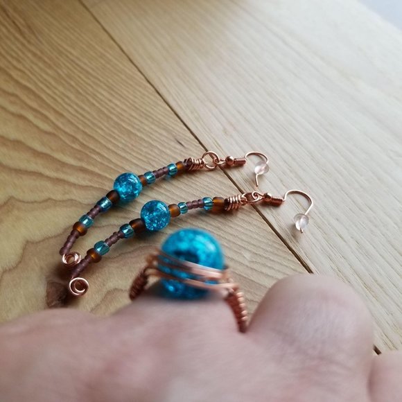 Copper Wire Earrings Rings Turquoise Set - Picture 9 of 10